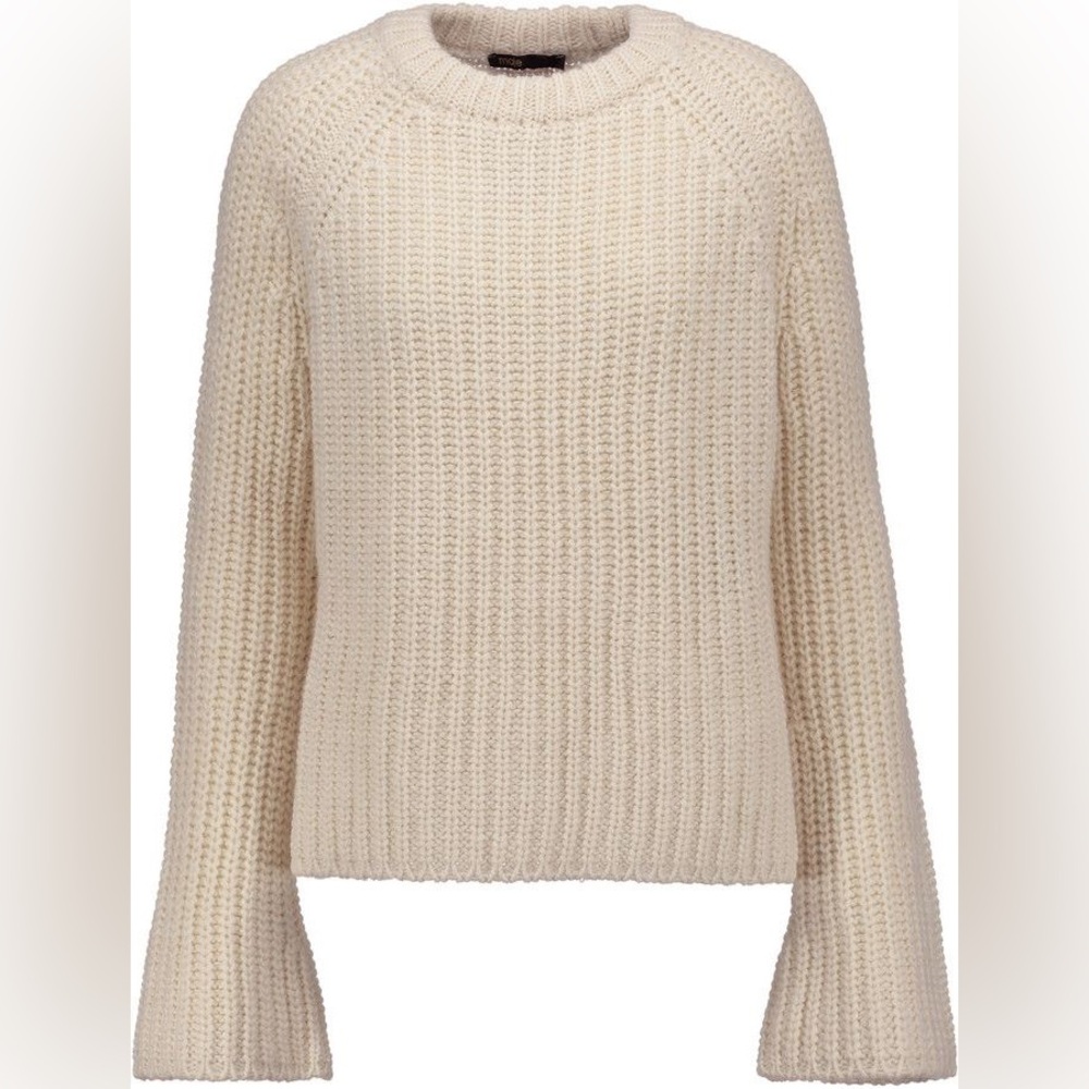 Maje Minotore Ribbed-Knit Bell Sleeve Sweater in Ecru, Size 3 (M-L)